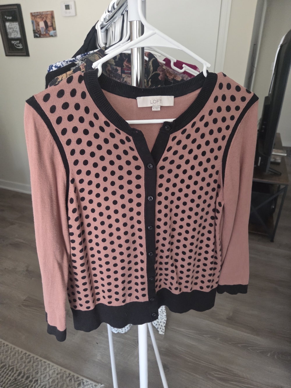 LOFT Rose Pink & Black Polka Dot Button Cardigan